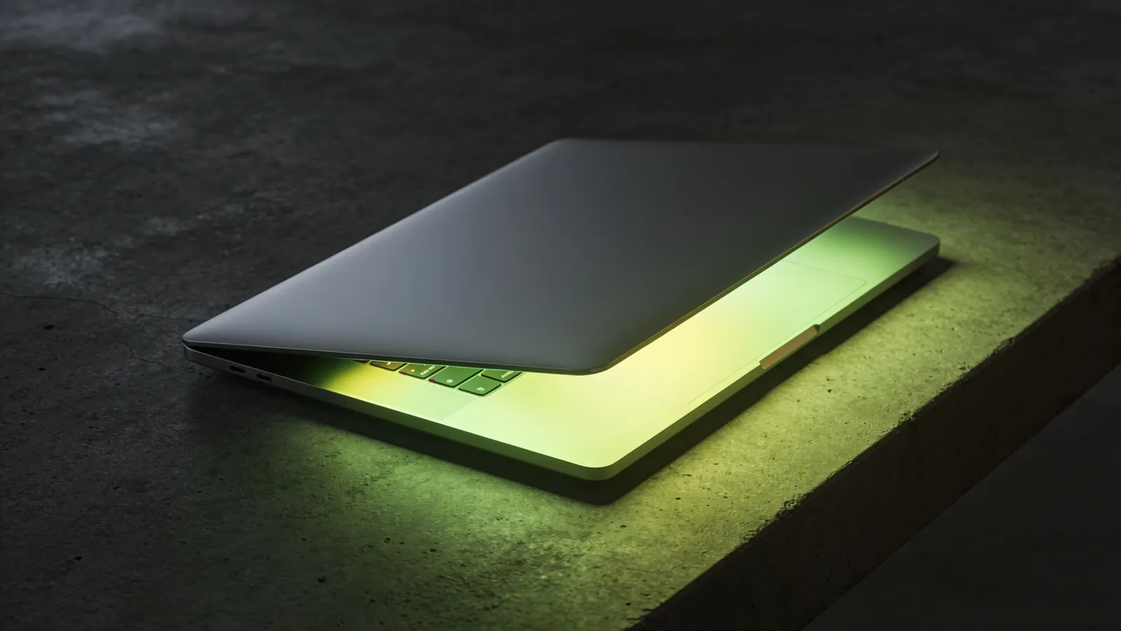 A sleek laptop glowing softly from within, data held safely on the machine