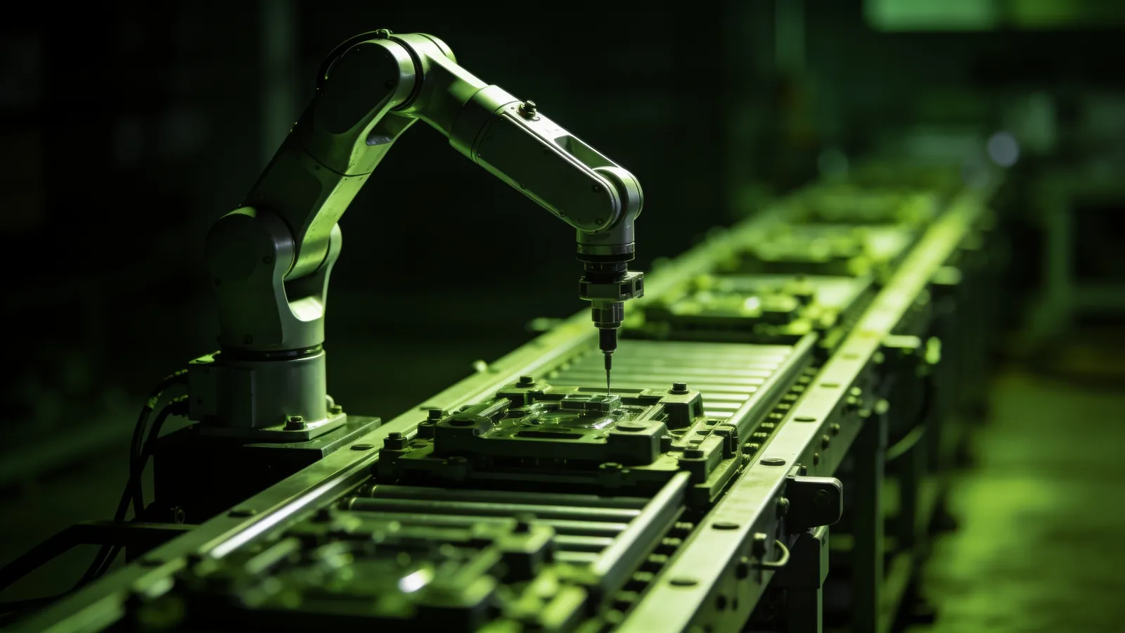 A single robotic arm doing one job at one station on an assembly line