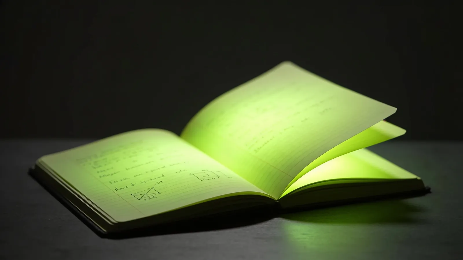 An open notebook with softly glowing pages, notes and diagrams just visible