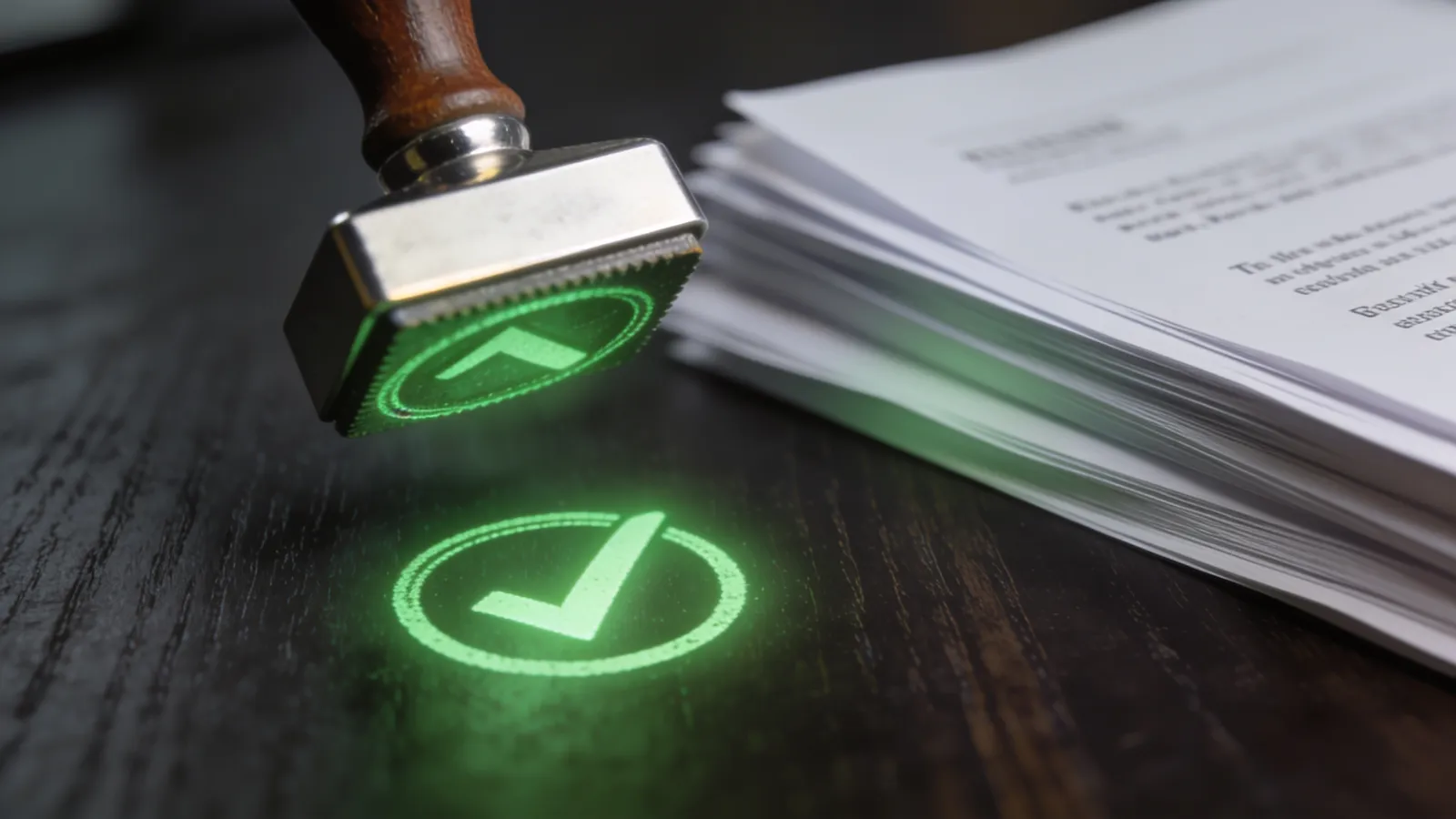 An approval stamp pressing a glowing green check mark onto paperwork