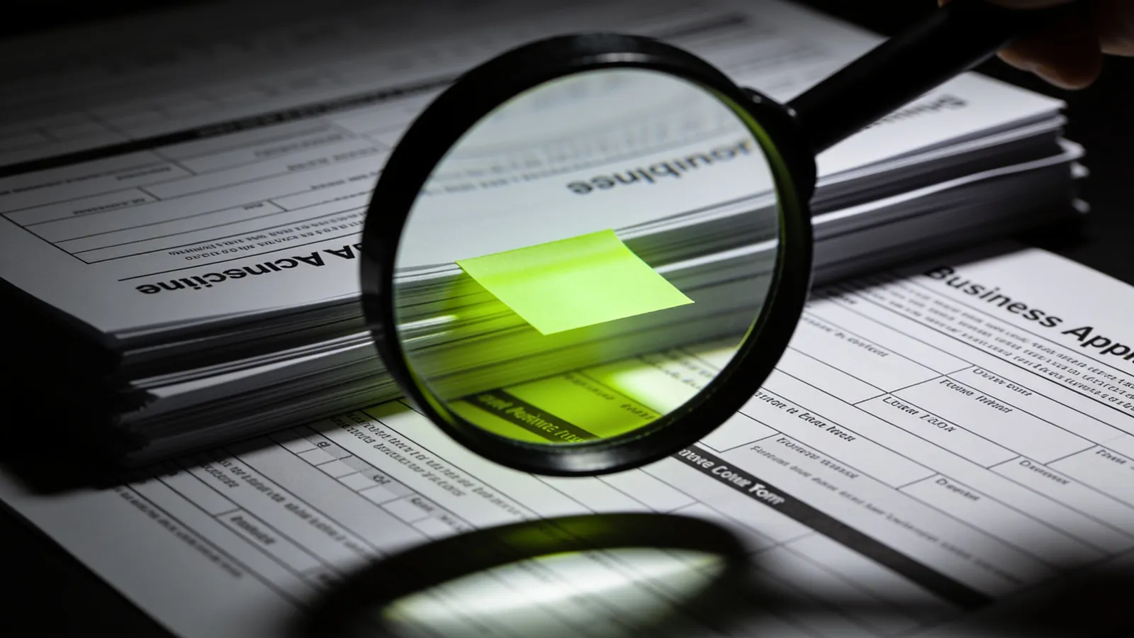 A magnifying glass over a stack of business application forms, one glowing green