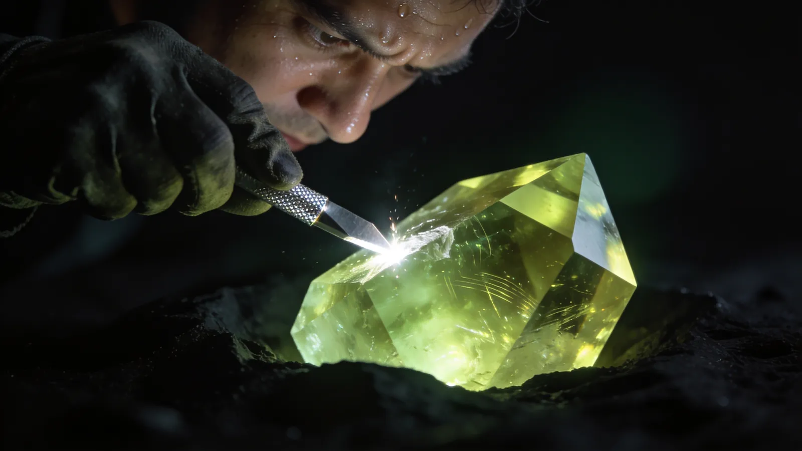 A craftsman carving a glowing geometric crystal by hand