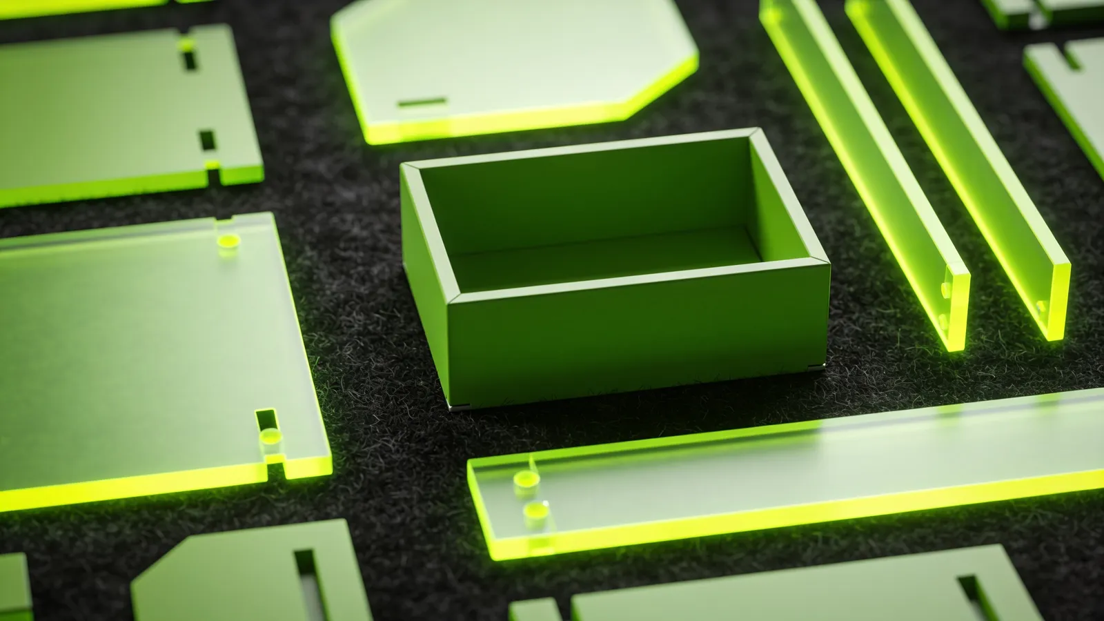 A flat-pack kit of glowing geometric parts laid out, waiting to be assembled