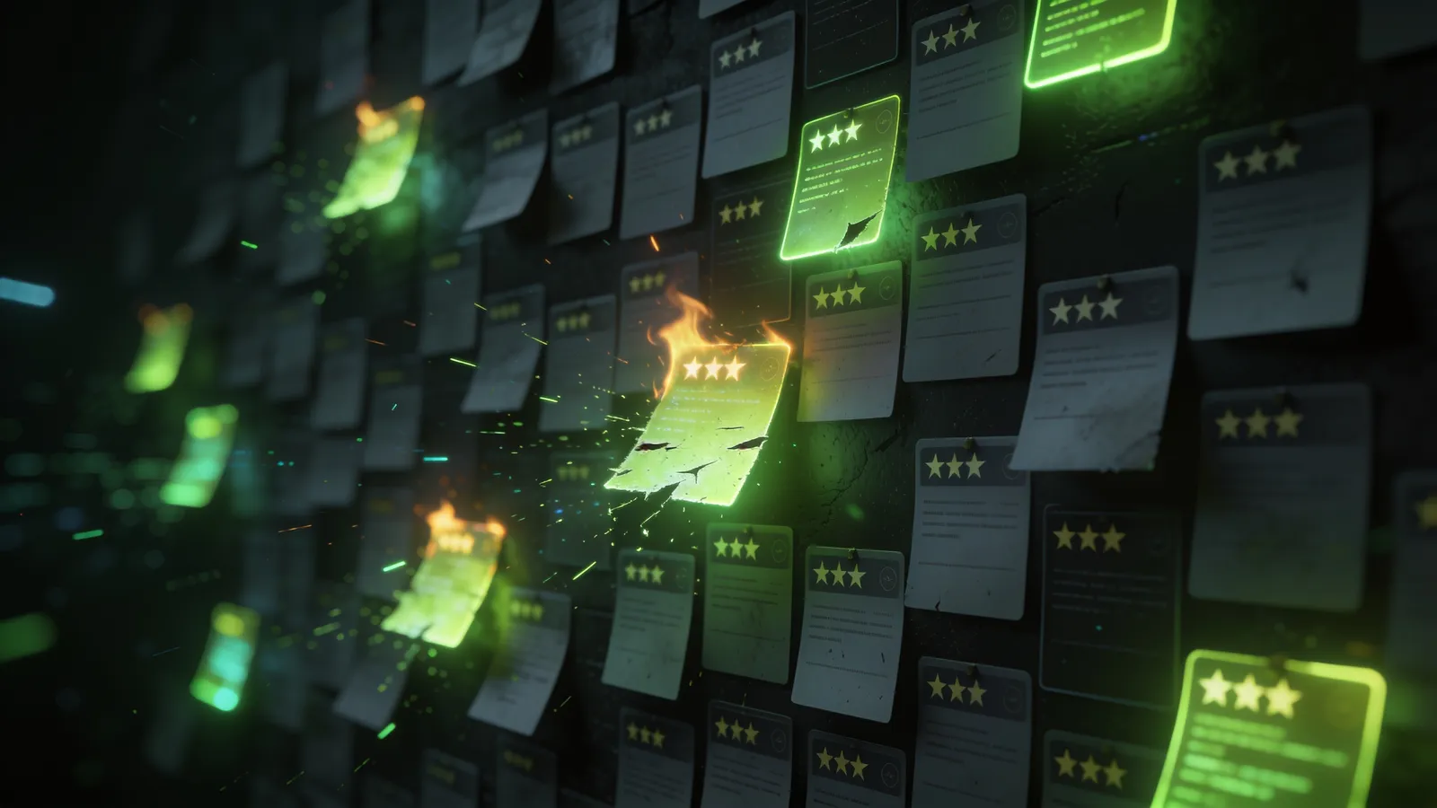 A dark wall of glowing review cards and star ratings, a scattered few burning green