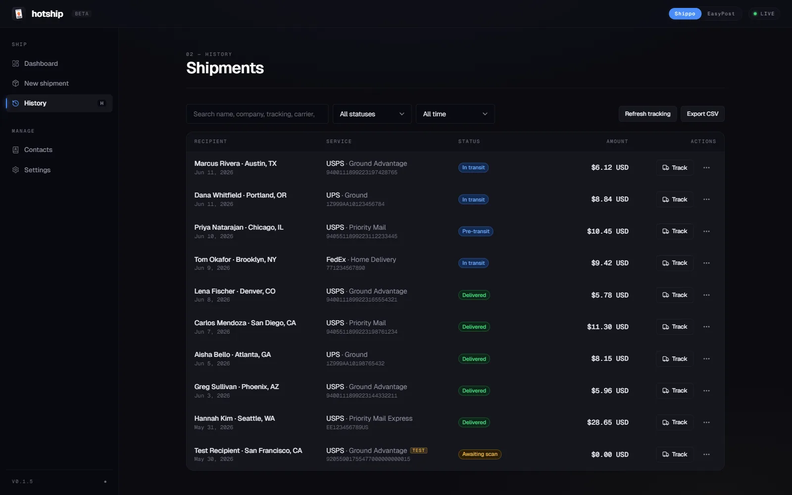 Shipment history — tracking, void, CSV export