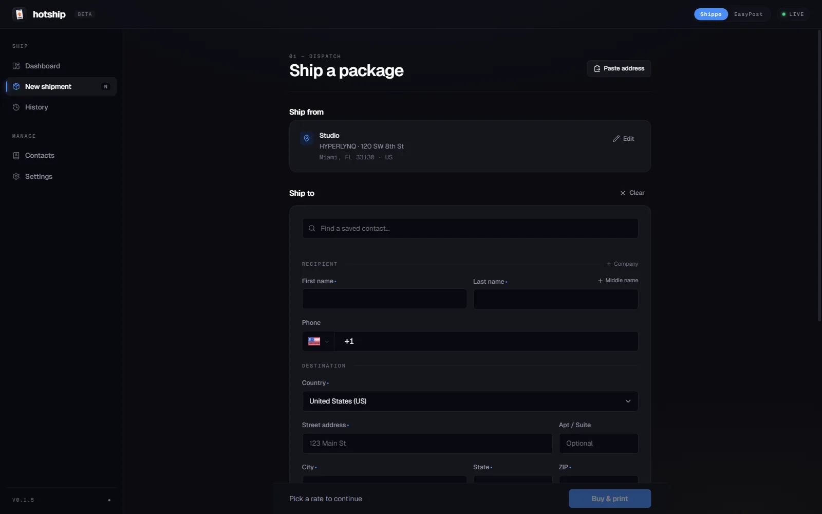 New shipment — paste address, verify, rate-shop, buy
