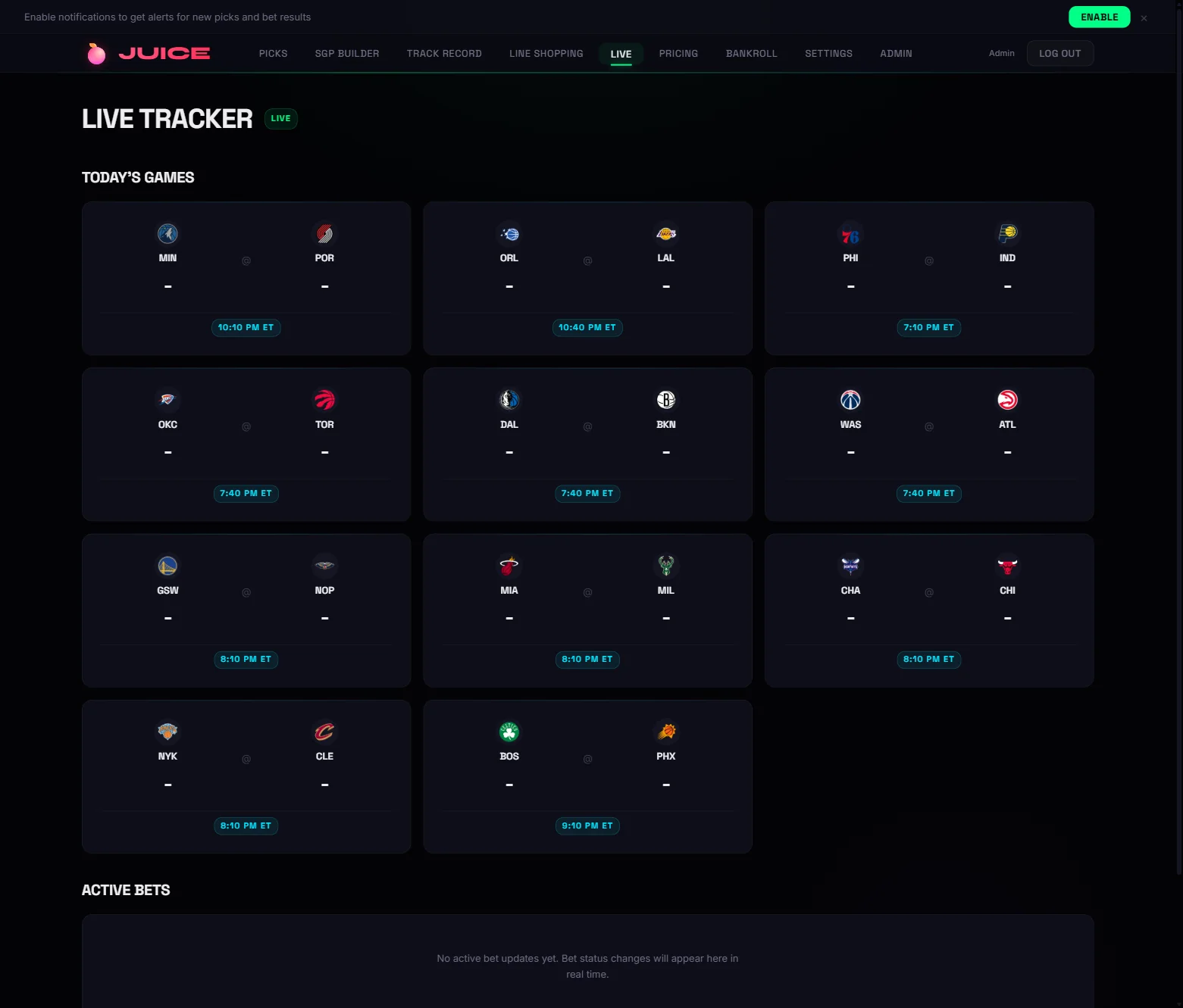 Live tracker — today's games tied to open positions