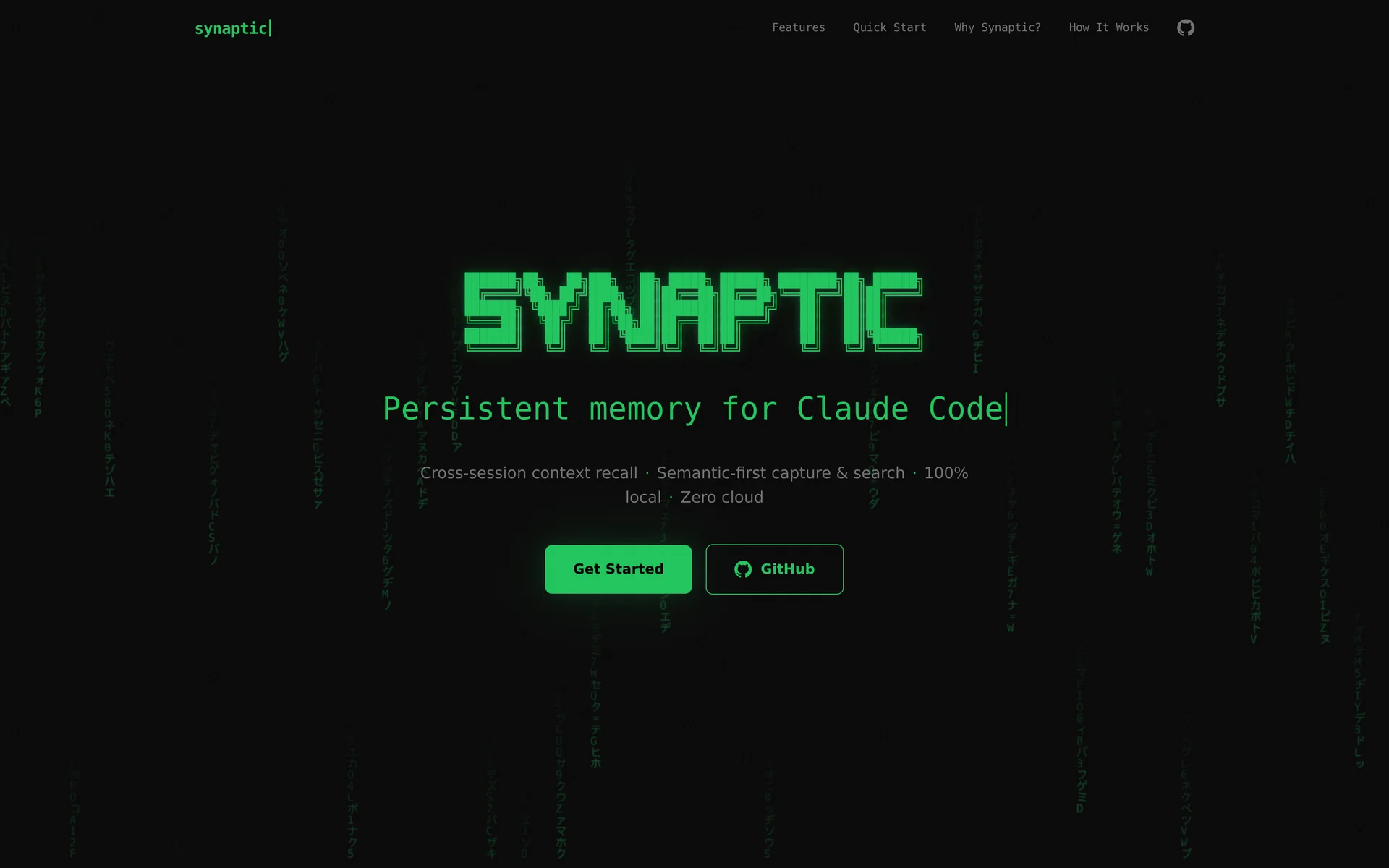 synaptic landing hero — persistent memory for Claude Code