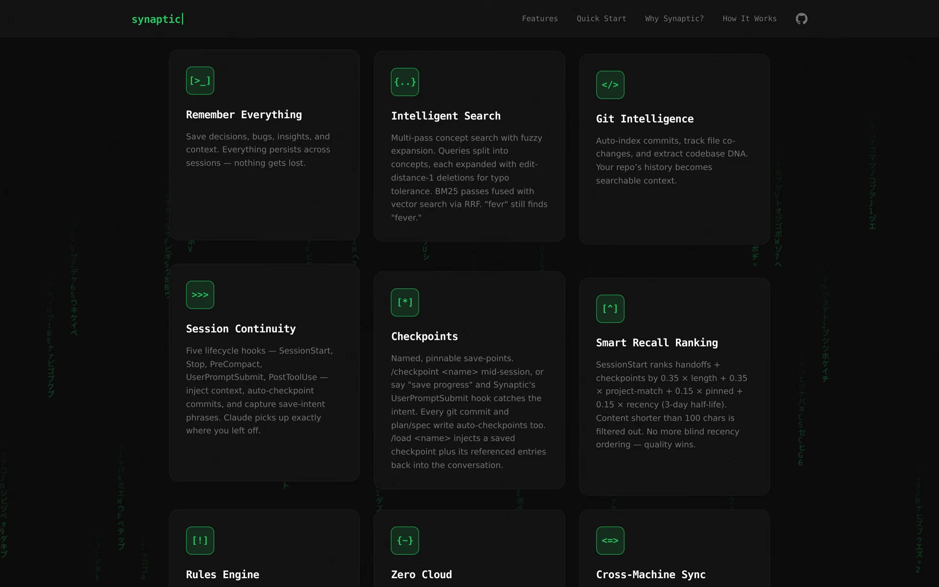 Feature grid — recall, hybrid search, git intelligence, checkpoints