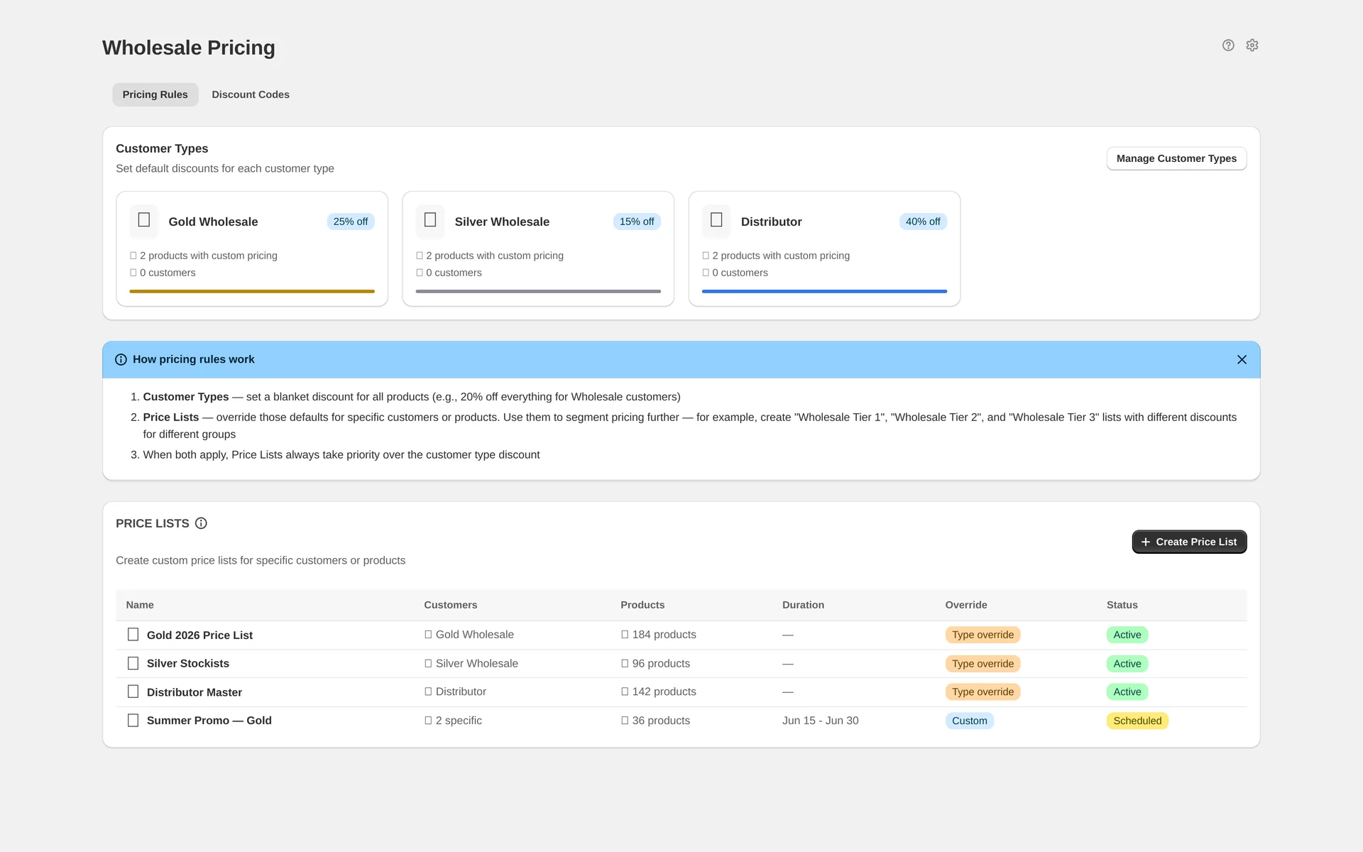 Admin app — wholesale pricing rules and price lists
