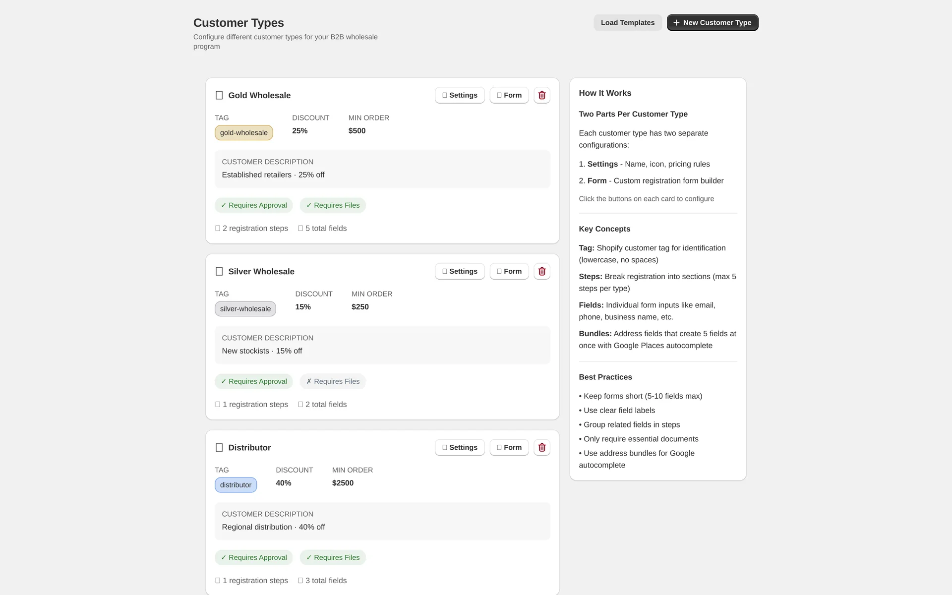 Admin app — customer type tiers with registration form builder